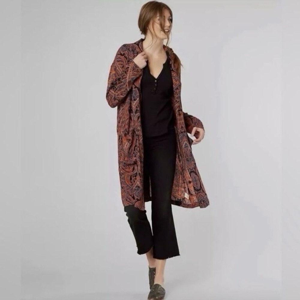 Free People Duster Cardigan Women XS Orange Paisley Open Front Rayon Pocket